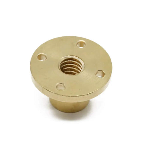 T10 Brass Lead Screw Nut With Acme Thread And 2mm Pitch For 3D Printer And CNC Machine Z Axis showing round brass nut with holes.