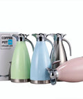 Four colorful 68 Oz Stainless Steel Coffee Carafe With Double Wall Vacuum Insulation keeps your brew hot up to 12 hours or cold up to 24 hours, 2 liter capacity, with packaging.