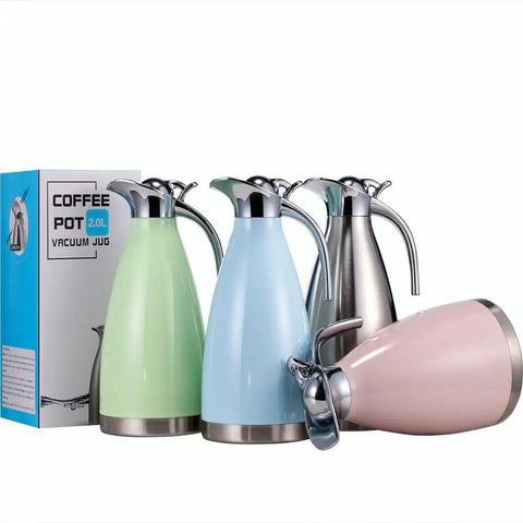 Four colorful 68 Oz Stainless Steel Coffee Carafe With Double Wall Vacuum Insulation keeps your brew hot up to 12 hours or cold up to 24 hours, 2 liter capacity, with packaging.