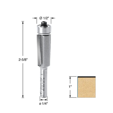 Carbide Tipped Dynabit Laminate Flush Trim Bit Half Inch Diameter One Inch Cutting Height Quarter Inch Shank Two And Five Eighths Inch Overall Length Down Shear For Ultra Smooth Finish Ideal For Laminate Edges And Trim Work shown with dimensions.
