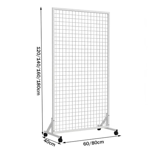 Floor Standing Gridwall Display Rack On Wheels With Hooks And T Base Heavy Duty Rolling Metal Grid Wall Panel For Retail Stores Markets Fairs And Storage Solutions with dimensions 120/140/160/180cm by 60/80cm