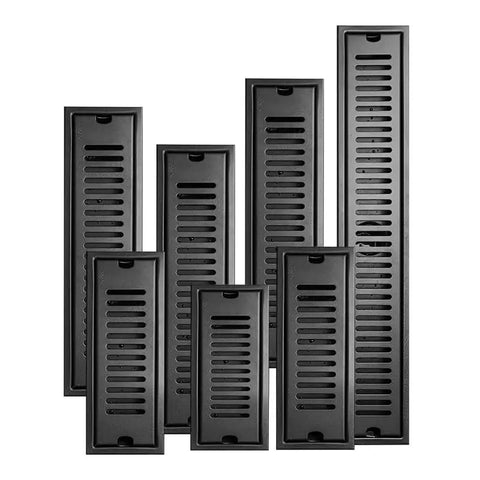 Heavy Duty Linear Channel Drain Stainless Steel Shower Grate With Removable Hair Catcher Slick Matte Black Finish displayed in multiple sizes.