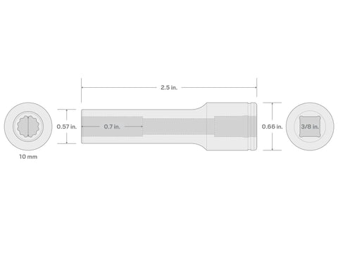 Diagram of a 3/8 Inch Drive Deep 10mm 12 Point Socket Chrome Plated With Bold Markings For Easy Identification, dimensions included