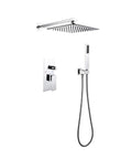 Heavy Duty Wall Mounted Shower System With 10 Inch Square Rainfall Head And Smooth Handheld Combo Set In Matte Black for modern bathrooms.