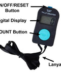 Straight Up Reliable Electric Hand Tally Counter With Comfortable Neck Strap Lcd Screen Digital Golf Fish People Inventory Clicker showing buttons and lanyard.