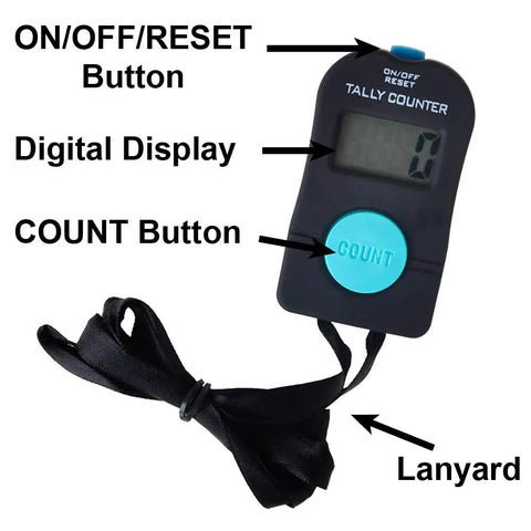 Straight Up Reliable Electric Hand Tally Counter With Comfortable Neck Strap Lcd Screen Digital Golf Fish People Inventory Clicker showing buttons and lanyard.