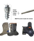 200 Pcs 9 Mm Tungsten Carbide Anti Slip Tire Spikes Reusable Screw Mount Bike Boot Shoe Crampon showing various winter footwear and studs.