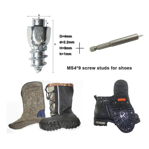200 Pcs 9 Mm Tungsten Carbide Anti Slip Tire Spikes Reusable Screw Mount Bike Boot Shoe Crampon showing various winter footwear and studs.