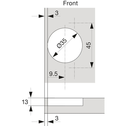 Technical diagram for 110 Degree Self Closing Compact 33 Hinge Pack Of 8 For Face Frame Cabinets, dimensions included.