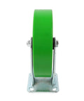 Rock Solid Eight Inch Polyurethane Wheel Plate Casters Featuring Polished Galvanized Steel Hub And Reinforced Bracket For Heavy Duty Industrial Shop Cart Roller Replacement Built Tough To Crush Heavy Loads - Front view of green polyurethane wheel.