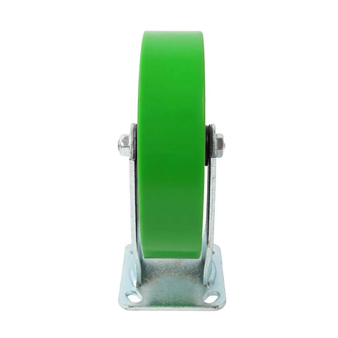Rock Solid Eight Inch Polyurethane Wheel Plate Casters Featuring Polished Galvanized Steel Hub And Reinforced Bracket For Heavy Duty Industrial Shop Cart Roller Replacement Built Tough To Crush Heavy Loads - Front view of green polyurethane wheel.