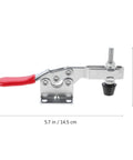 Side view of Two Pack Beefy Downward Pressing Toggle Clamps Quick Clamp Set For Horizontal Workholding Metal Hand Tool with red handle.