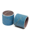 Hardcore 1X1 Inch Zirconia Spiral Sanding Bands Rotary Sander Attachment For Drill And Die Grinder Rust Removal Metal Wood Polish Knockout Finish 10 Pack 36 Grit close-up of two blue sanding bands
