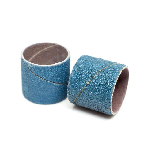Hardcore 1X1 Inch Zirconia Spiral Sanding Bands Rotary Sander Attachment For Drill And Die Grinder Rust Removal Metal Wood Polish Knockout Finish 10 Pack 36 Grit close-up of two blue sanding bands