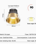 Set Of Eight Slick Dimmable LED Recessed Downlights With Zero Shine Trouble And Solid Brass Housing Offering Quick Flush Mount Setup, shown from above.