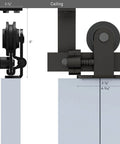 Sliding Barn Door Hardware Kit Black For 5.5 Foot Ceiling Mount With L Shaped Bracket System, side view close-up showing roller tracking