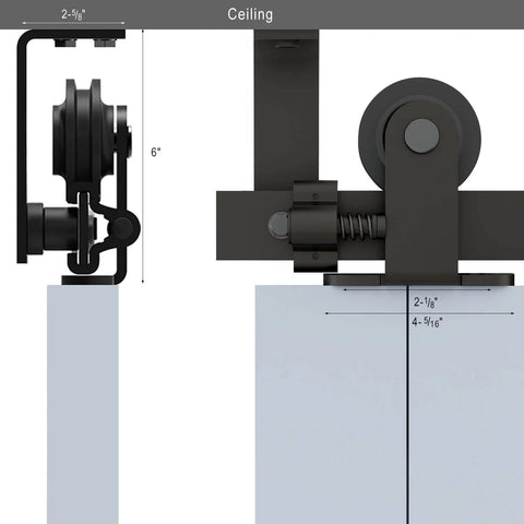 Sliding Barn Door Hardware Kit Black For 5.5 Foot Ceiling Mount With L Shaped Bracket System, side view close-up showing roller tracking