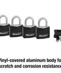 Outdoor Keyed Padlocks 4 Pack With Weather Resistant Vinyl Covered Aluminum Body And Steel Shackle, Keyed Alike