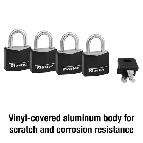 Outdoor Keyed Padlocks 4 Pack With Weather Resistant Vinyl Covered Aluminum Body And Steel Shackle, Keyed Alike