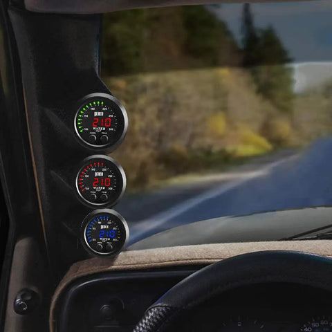 52mm Digital Water Temperature Gauge With Alarm for Cars, Trucks and Boats, 1/8 NPT Sensor, 12V/24V DC Power, Red Display With Green Ambient Light, 100-300F (38-150C), Plug and Play Ultra Accurate Auto Gauge mounted on vehicle dashboard