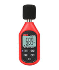 Red Bluetooth Decibel Meter With App for iOS and Android, LCD display showing 68.9 dBA, 30 to 130 dB range, handheld size