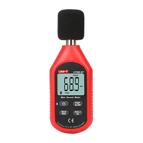 Red Bluetooth Decibel Meter With App for iOS and Android, LCD display showing 68.9 dBA, 30 to 130 dB range, handheld size