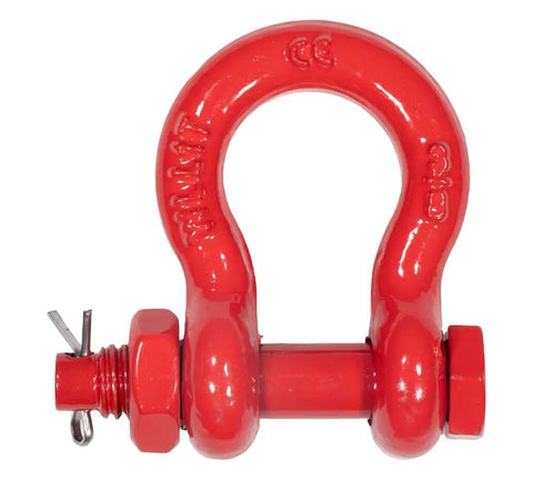 Twenty Piece Three Eighth Inch Forged Carbon Steel Anchor Shackles With Safety Bolt Pins Two Thousand Pound Working Load Heavy Duty Rust Resistant Tow Rigging Vehicle Recovery Hardware Built Tough For Backroads And Job Site Hustle, red shackle with safety pin.
