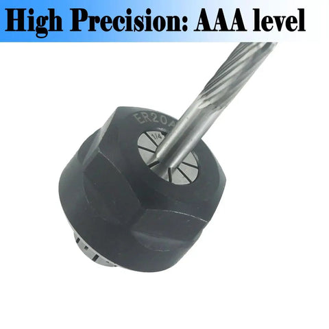 ER20 Collet Nut Set For CNC Milling And Lathe Tools Pro Grade Includes One Eighth Inch One Quarter Inch And One Half Inch Collets With ER20 Clamping Nuts High Precision 65Mn Spring Steel Tight Hold And Smooth Cutting Performance close-up of AAA precision level with tool in collet