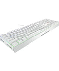 Wired mechanical keyboard in white with RGB lighting, featuring snappy brown switches. Level Up Your Daily Grind With This Renewed Wired Mechanical Keyboard Featuring Snappy Brown Switches And Vivid Rgb Lighting Built Into A Rock Solid Aluminum Alloy Design.