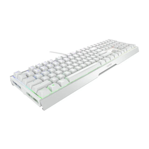 Wired mechanical keyboard in white with RGB lighting, featuring snappy brown switches. Level Up Your Daily Grind With This Renewed Wired Mechanical Keyboard Featuring Snappy Brown Switches And Vivid Rgb Lighting Built Into A Rock Solid Aluminum Alloy Design.