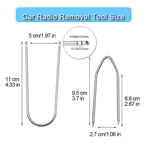 Heavy Duty 4 Piece Car Radio Pry Tool Set with U and V shaped stainless steel tools showing dimensions for disassembly.
