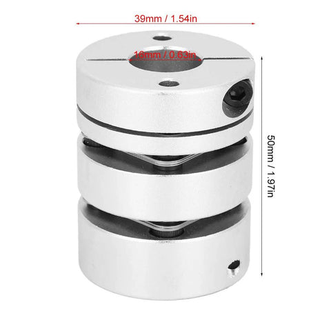Aluminum alloy shaft coupling adapter with side screws; silver finish, 50mm tall, 39mm diameter.