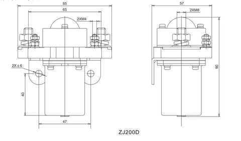 JwDawn Zj200d 80 Volt 200 Amp Single Coil No Solenoid Switch Relay for electric forklift, dimensions shown in technical drawing.