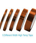 High Temp Tape 5 Pack Set With Mixed Widths 1/8 Inch, 7/32 Inch, 1/4 Inch, 15/32 Inch, 25/32 Inch Heat Resistant Up To 536F on display