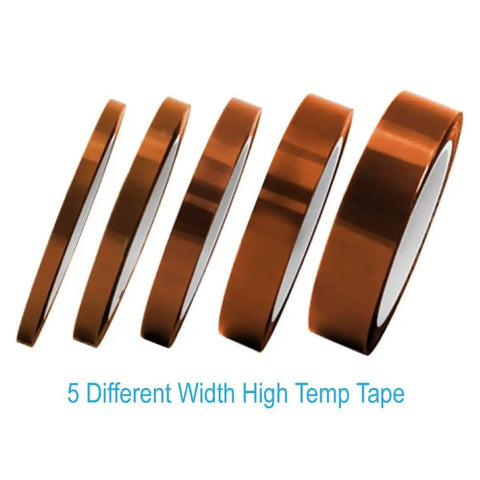 High Temp Tape 5 Pack Set With Mixed Widths 1/8 Inch, 7/32 Inch, 1/4 Inch, 15/32 Inch, 25/32 Inch Heat Resistant Up To 536F on display