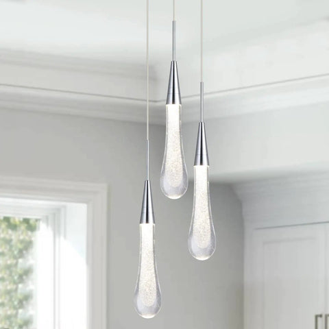 Crystal Cluster Pendant Lights For Kitchen Island Three Light LED Teardrop Ceiling Hanging Fixtures In Chrome Finish Dope Look For Dining Room Bedroom Hallway Modern Home Decor
