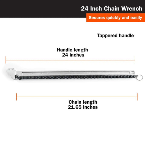 Heavy Duty 24 Inch Chain Wrench With Bi Directional Ratcheting And Double Serrated Jaw Forged Carbon Steel Handle Two To Six And A Half Inch Pipe Capacity Quick Gripping Tool For Plumbing And Pipe Fitting Tasks showing handle and chain lengths