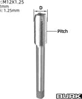 Beefy Pro Grade M12 X 1.25 Right Hand Tap For Metal HSS 6542, 12mm diameter, 1.25mm pitch, straight fluted tap shown