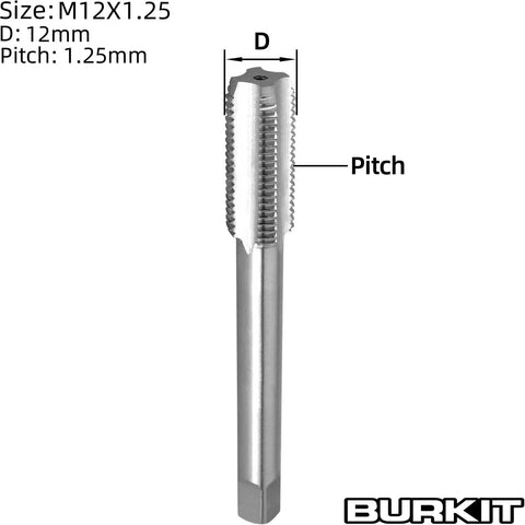 Beefy Pro Grade M12 X 1.25 Right Hand Tap For Metal HSS 6542, 12mm diameter, 1.25mm pitch, straight fluted tap shown