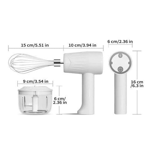 Cordless Electric Hand Mixer With Stainless Steel Beaters. USB Rechargeable Power For Quick Whipping And Blending Eggs Or Cream. Dimensions: 15x10 cm.