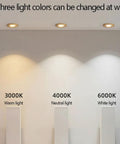 XYIANG 3.9 Inch Farmhouse Wood Grain Recessed Lighting Housing Trim Kits 7W Led showing three adjustable light colors 3000K, 4000K, 6000K.