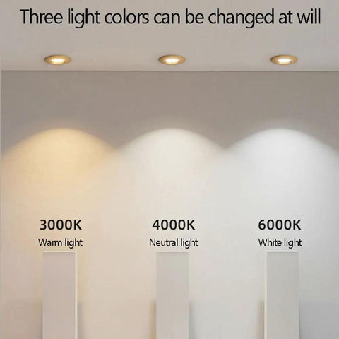 Three color temperature options displayed for UWYTGF 10 Pack 3.9 Inch Led Recessed Lights, showing warm, neutral, and white light.