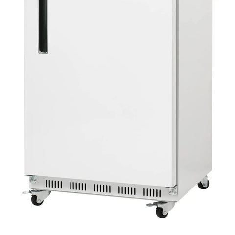 Heavy Duty Commercial Reach In Freezer Featuring A Rock Solid Door And Slick Digital Led Display For Straight Forward Temp Tuning And Bulk Storage That Keeps Kitchen Inventory Fresh Without The Hustle, white enamel cabinet with casters.
