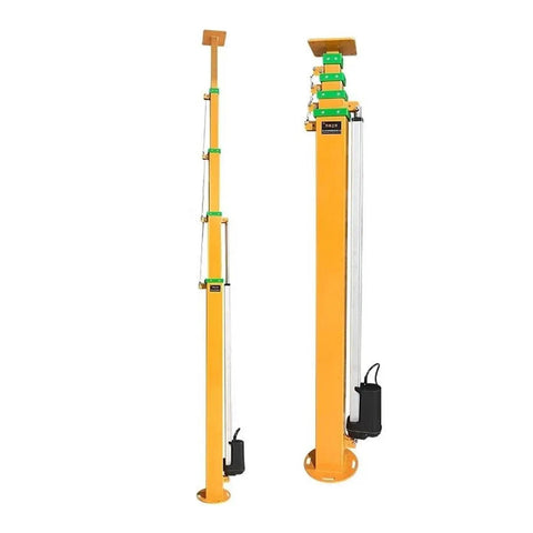 Heavy Duty Telescopic Electric Mast 12V 24V 48V Extending Four To Nine Meters with bright yellow color and motor base for outdoor use.