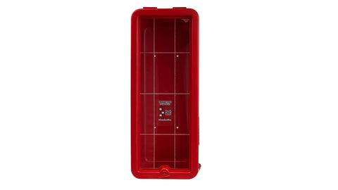 Heavy Duty Red Surface Mounted Fire Extinguisher Cabinet With Hammer Attachment For 5 Lb Units Outdoor Lock Box, front view.