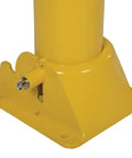 Lockable Steel Fold Down Bollard Parking Barrier Rock Solid Safety Post Industrial Yard Defense Built Like A Tank With Bright Reflective Strips And No Nonsense Mounting Hardware, close-up of base with locking mechanism.