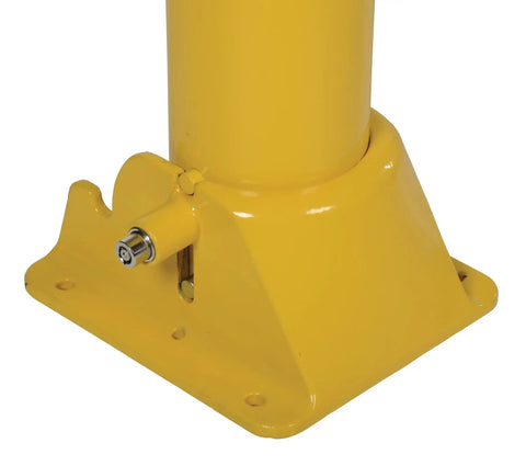 Lockable Steel Fold Down Bollard Parking Barrier Rock Solid Safety Post Industrial Yard Defense Built Like A Tank With Bright Reflective Strips And No Nonsense Mounting Hardware, close-up of base with locking mechanism.