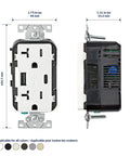 Front and side view of Type A And Type C USB In Wall Charger With 20A Tamper Resistant Outlet, Dual USB Ports, Black