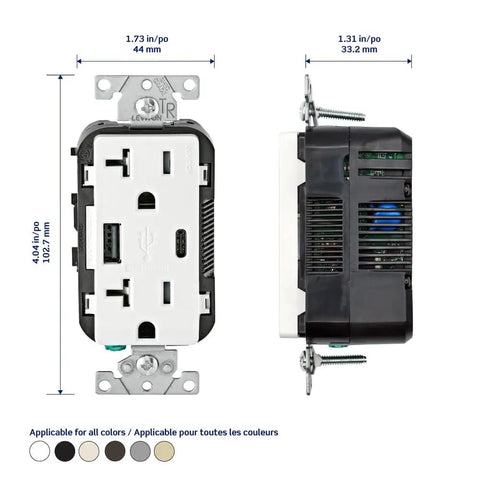 Front and side view of Type A And Type C USB In Wall Charger With 20A Tamper Resistant Outlet, Dual USB Ports, Black