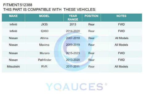 Vehicle compatibility chart for Rear Wheel Bearing And Hub Assembly For Nissan Altima 2007 2018 Maxima 2009 2019 Murano 2015 2016 Pathfinder 2013 2019 5 Lug With ABS Direct Fit Replacement Premium Quality Guaranteed.